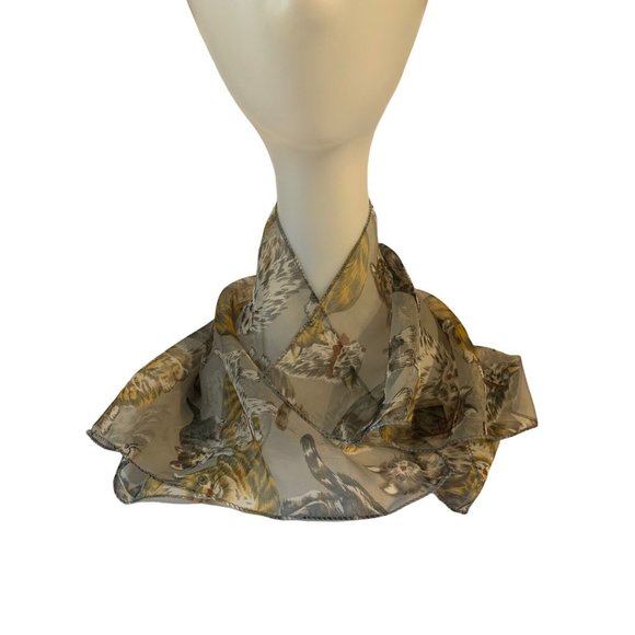 Cat Multicolor Gray Scarf 100% Polyester Silk Feel Sheer Square 20” x 20” Korea - Picture 1 of 4